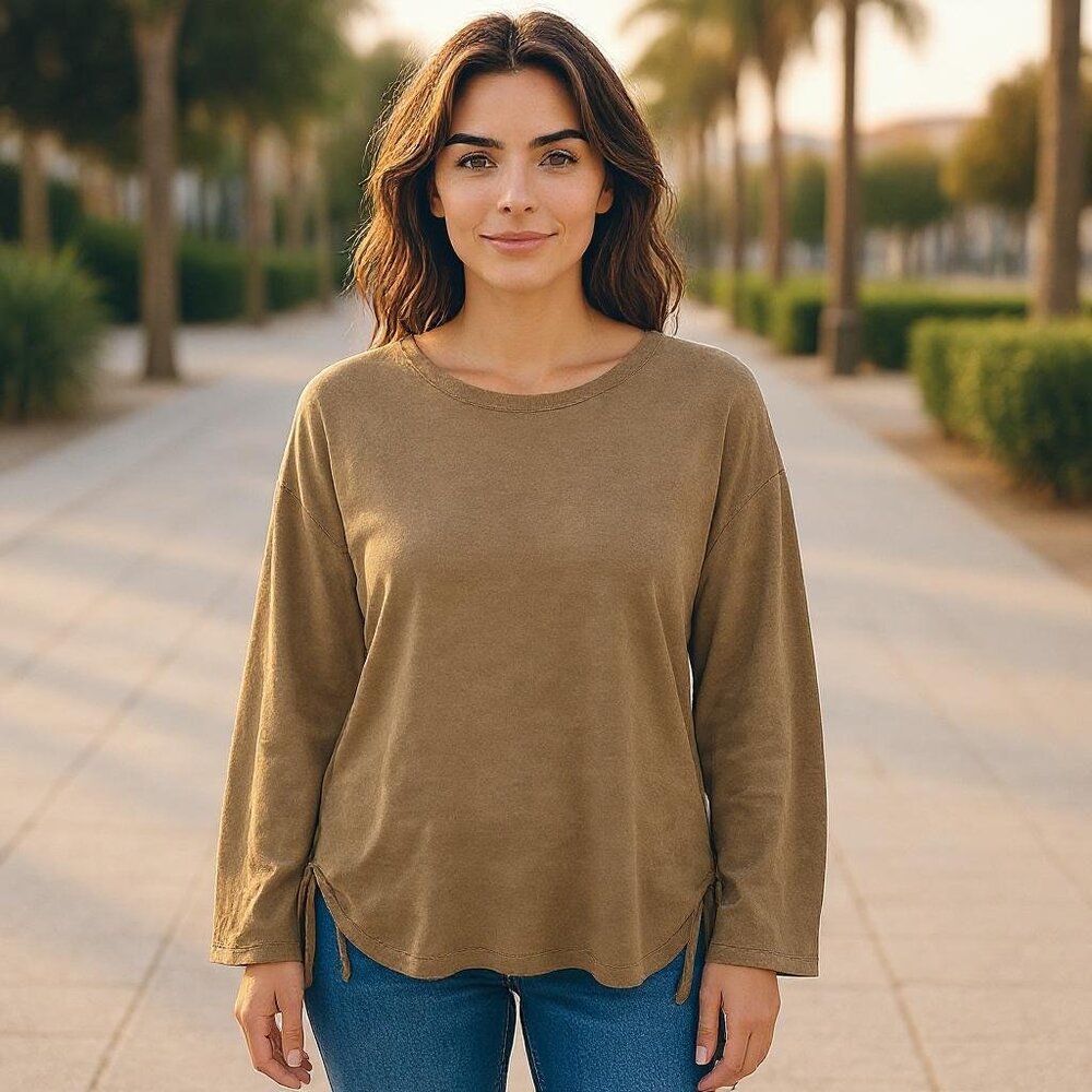 SIMPLY ME Brown Terry Rauched Sides Long Sleeved Pullover Ladies XL